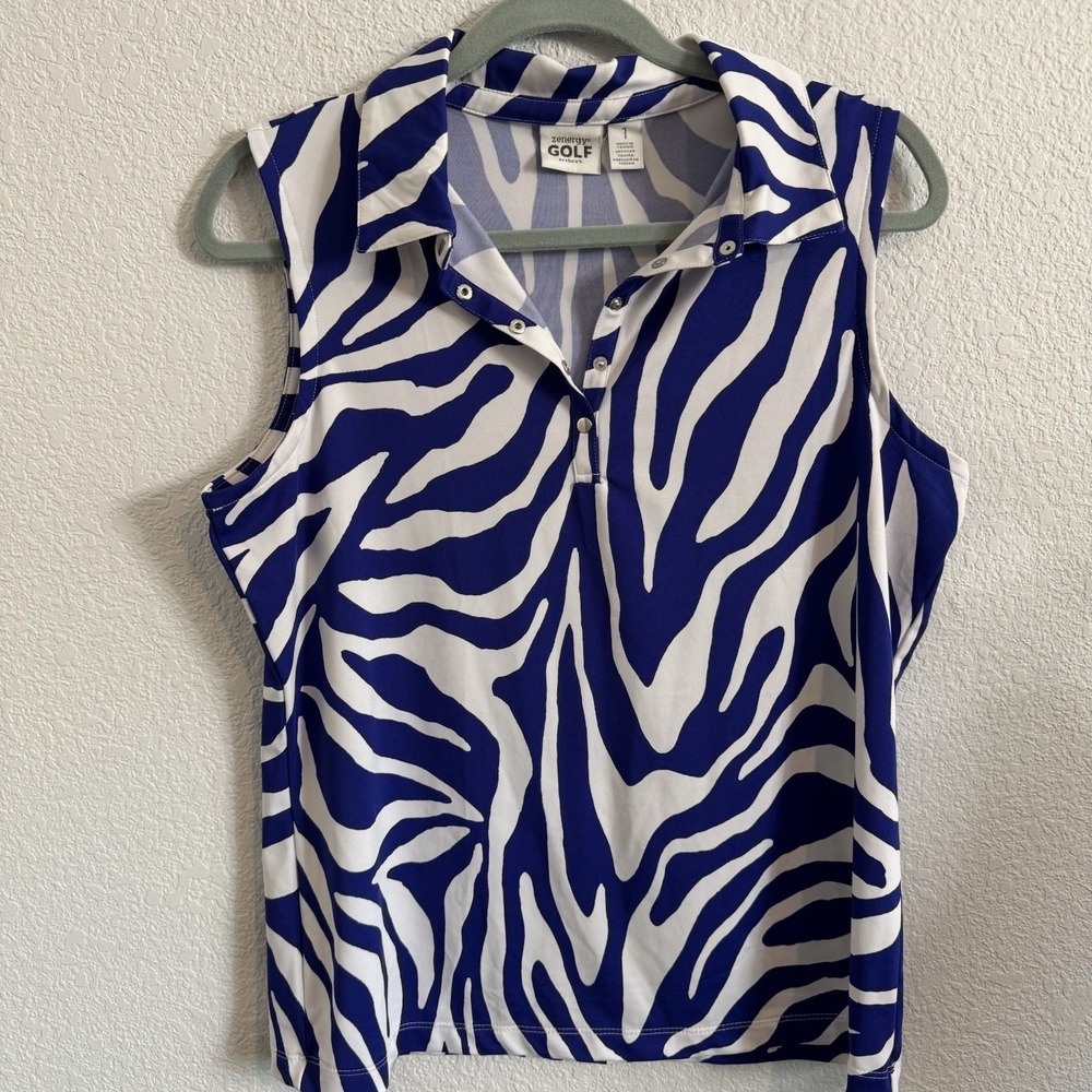 Chicos Zenergy Golf Top Women Medium White Blue Striped Sleeveless Polo Athletic